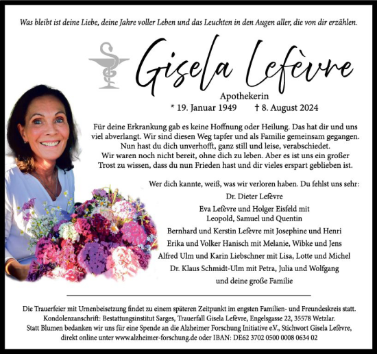 Traueranzeige von Gisela Lefevre von Wetzlarer Neue Zeitung