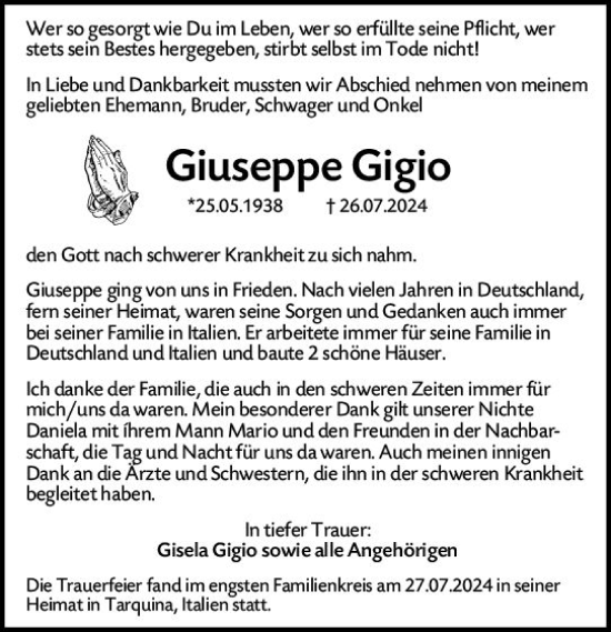 Traueranzeige von Giuseppe Gigio von Idsteiner Land/Untertaunus