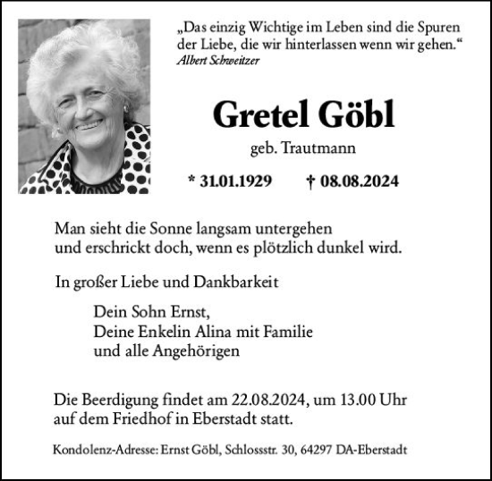 Traueranzeige von Gretel Göbl von Darmstädter Echo
