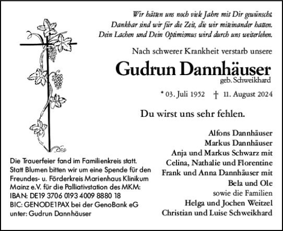 Traueranzeige von Gudrun Dannhäuser von Allgemeine Zeitung Rheinhessen-Nahe