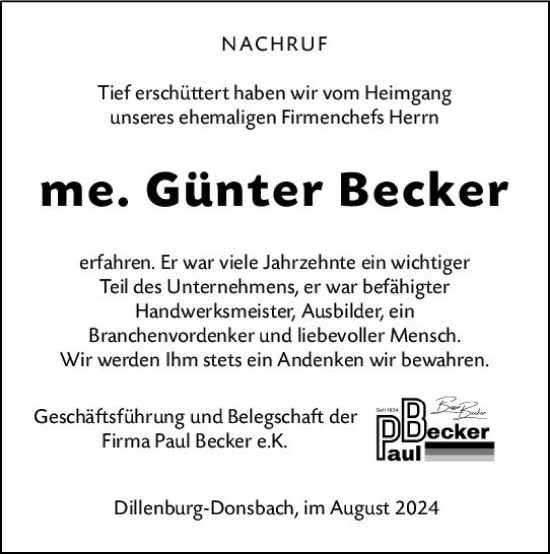 Traueranzeige von Günter Becker von Dill Block
