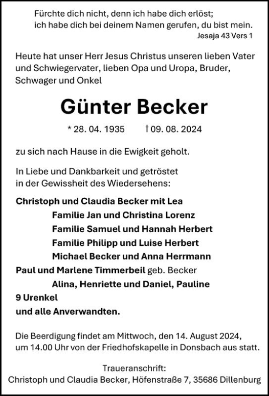 Traueranzeige von Günter Becker von Dill Block