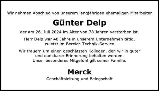 Traueranzeige von Günter Delp von Darmstädter Echo