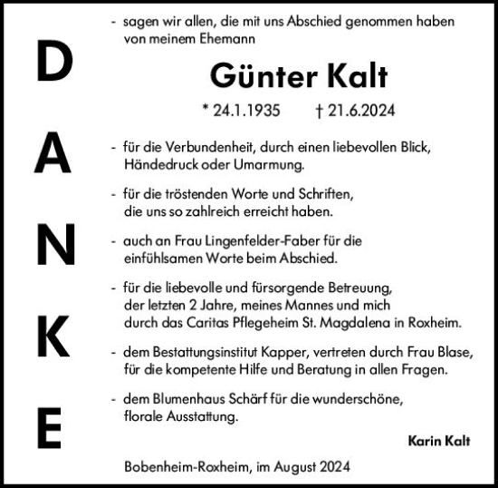 Traueranzeige von Günter Kalt von Wormser Zeitung