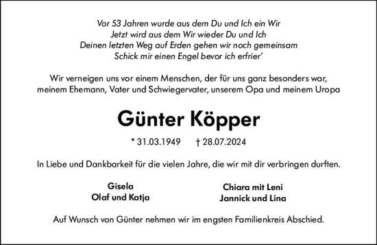 Traueranzeige von Günter Köpper von Wetzlarer Neue Zeitung