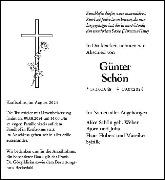 Traueranzeige von Günter Schön von Wetzlarer Neue Zeitung