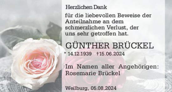 Traueranzeige von Günther Brückel von Weilburger Tageblatt