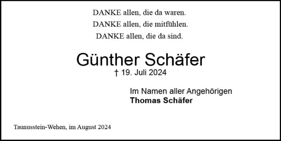 Traueranzeige von Günther Schäfer von Wiesbadener Kurier