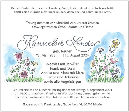 Traueranzeige von Hannelore Lender von Camberger Anzeiger