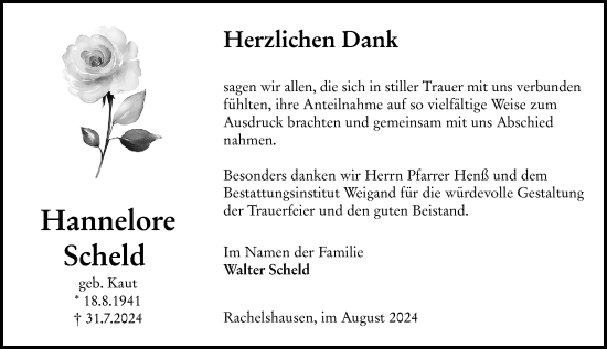 Traueranzeige von Hannelore Scheld von Hinterländer Anzeiger