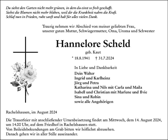 Traueranzeige von Hannelore Scheld von Hinterländer Anzeiger