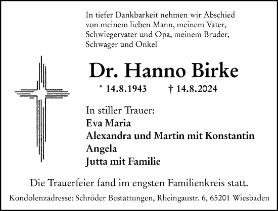 Traueranzeige von Hanno Birke von Wiesbadener Kurier