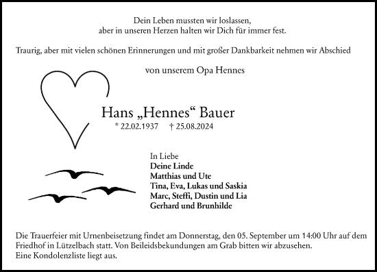 Traueranzeige von Hans Bauer von Darmstädter Echo