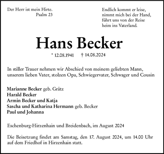 Traueranzeige von Hans Becker von Hinterländer Anzeiger