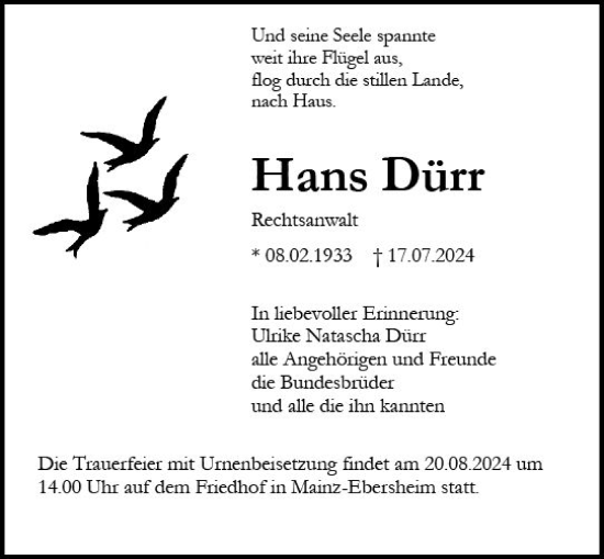 Traueranzeige von Hans Dürr von Allgemeine Zeitung Mainz
