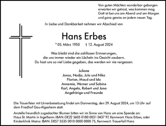 Traueranzeige von Hans Erbes von Allgemeine Zeitung Rheinhessen-Nahe