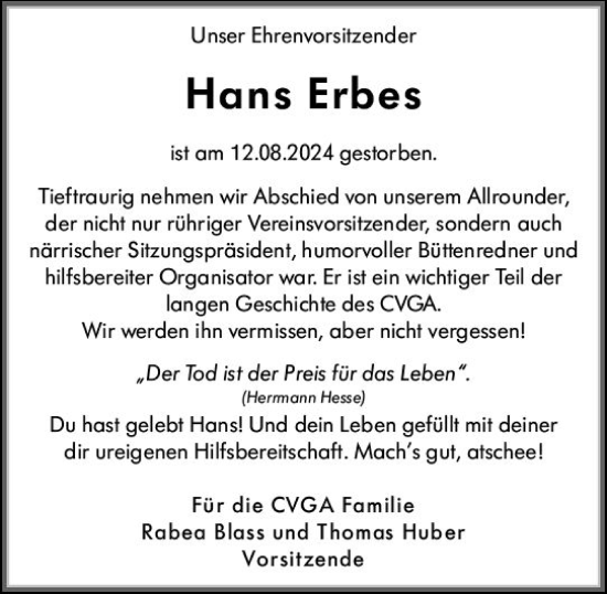 Traueranzeige von Hans Erbes von Allgemeine Zeitung Rheinhessen-Nahe
