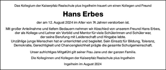 Traueranzeige von Hans Erbes von Allgemeine Zeitung Rheinhessen-Nahe