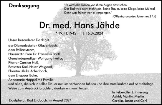 Traueranzeige von Hans Jähde von Hinterländer Anzeiger