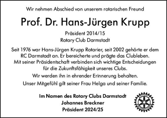 Traueranzeige von Hans-Jürgen Krupp von Darmstädter Echo