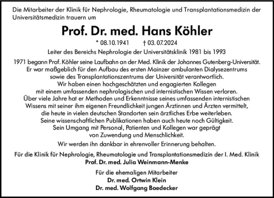 Traueranzeige von Hans Köhler von Allgemeine Zeitung Mainz