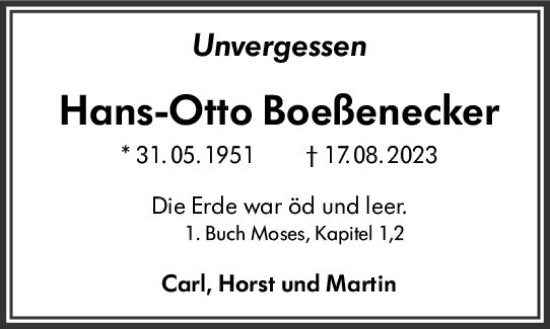 Traueranzeige von Hans-Otto Boeßenecker von Allgemeine Zeitung Mainz