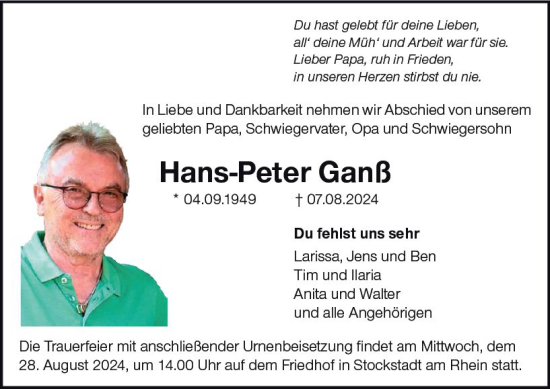 Traueranzeige von Hans-Peter Ganß von Groß-Gerauer Echo