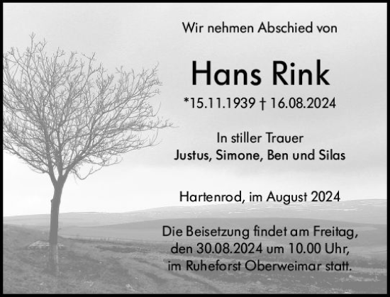 Traueranzeige von Hans Rink von Hinterländer Anzeiger