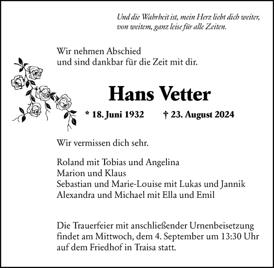 Traueranzeige von Hans Vetter von Darmstädter Echo