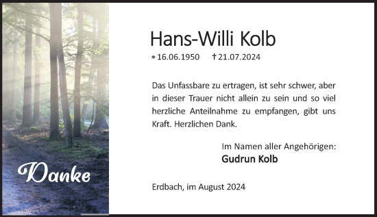Traueranzeige von Hans-Willi Kolb von Dill Block