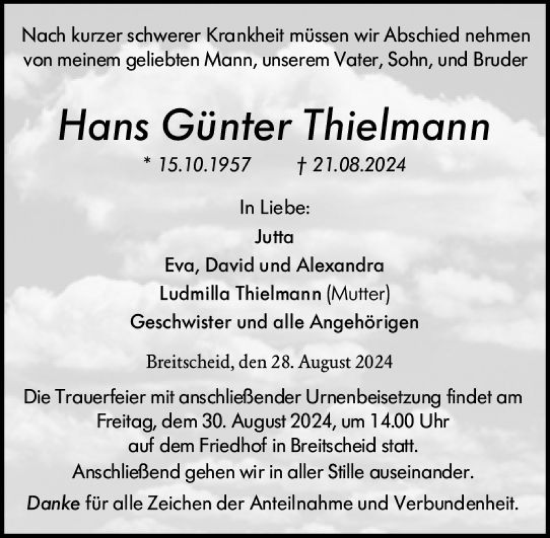 Traueranzeige von Hans Günter Thielmann von Dill Block