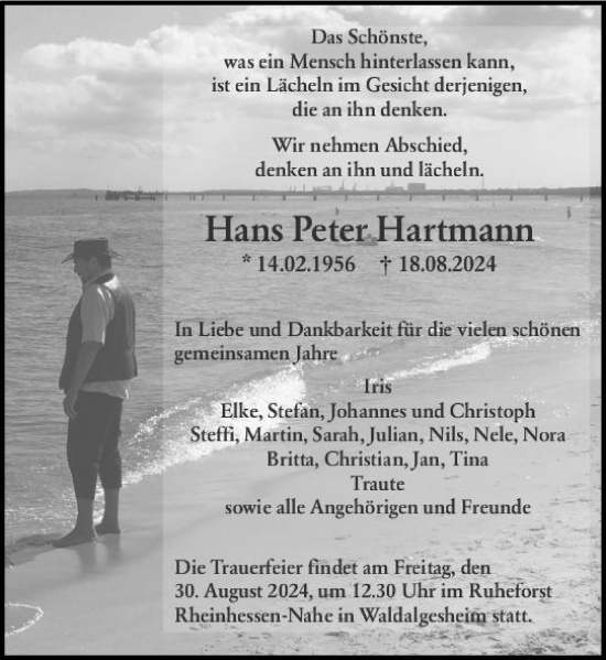 Traueranzeige von Hans Peter Hartmann von Allgemeine Zeitung Mainz