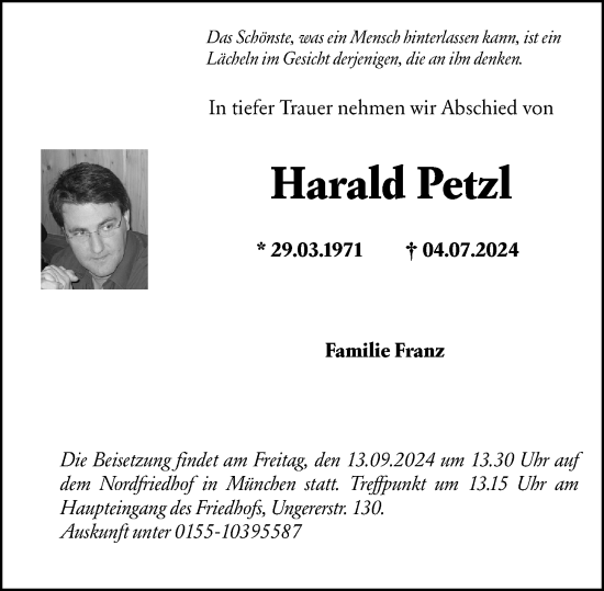 Traueranzeige von Harald Petzl von Odenwälder Echo