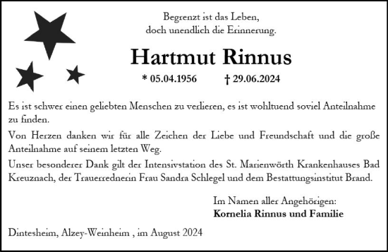 Traueranzeige von Hartmut Rinnus von Allgemeine Zeitung Alzey