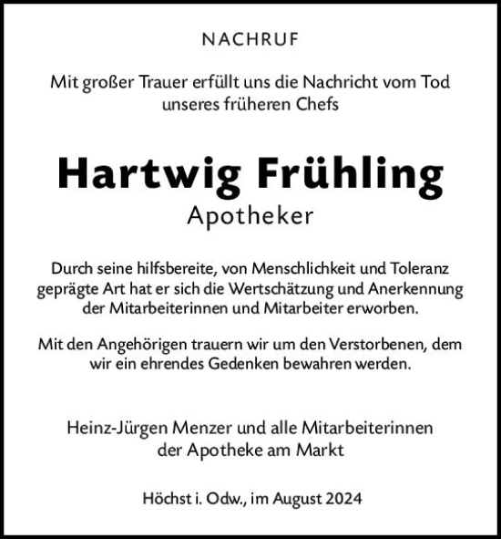 Traueranzeige von Hartwig Frühling von Odenwälder Echo