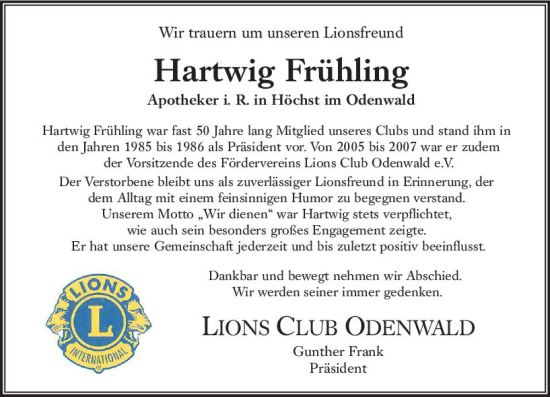 Traueranzeige von Hartwig Frühling von Odenwälder Echo