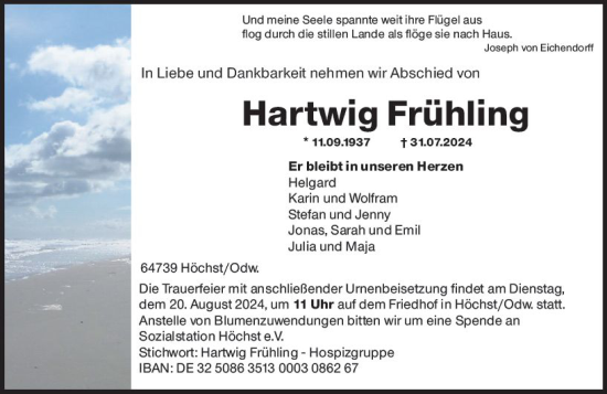 Traueranzeige von Hartwig Frühling von Odenwälder Echo