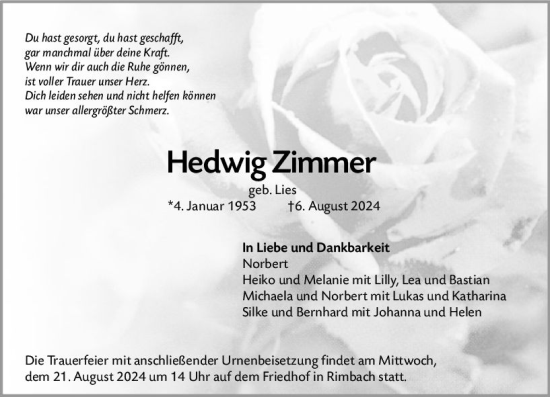 Traueranzeige von Hedwig Zimmer von Starkenburger Echo