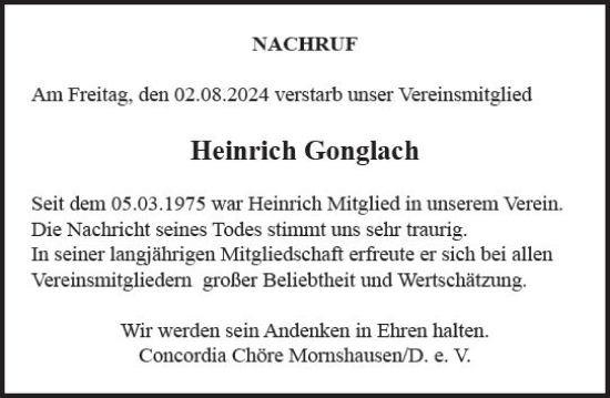 Traueranzeige von Heinrich Gonglach von Hinterländer Anzeiger