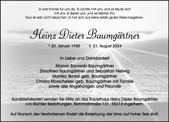 Traueranzeige von Heinz  Baumgärtner von Allgemeine Zeitung Rheinhessen-Nahe
