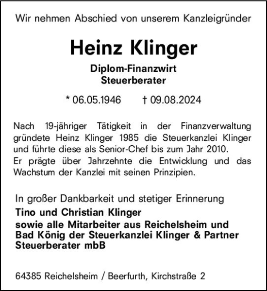 Traueranzeige von Heinz Klinger von Odenwälder Echo