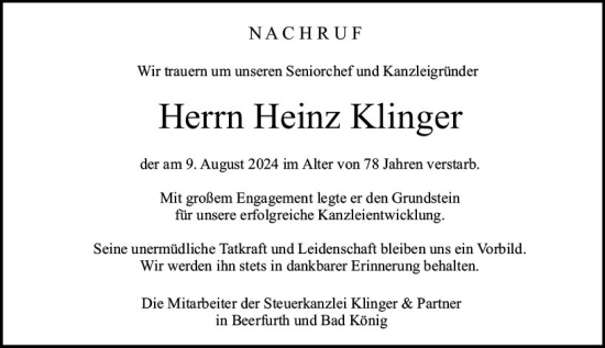 Traueranzeige von Heinz Klinger von Odenwälder Echo