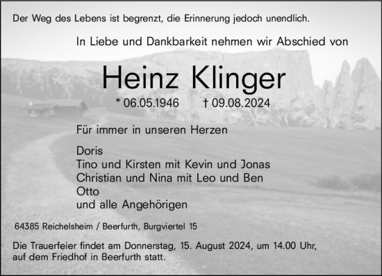Traueranzeige von Heinz Klinger von Odenwälder Echo