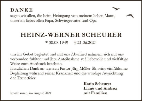 Traueranzeige von Heinz-Werner Scheurer von Hinterländer Anzeiger