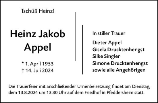 Traueranzeige von Heinz Jakob Appel von Wormser Zeitung