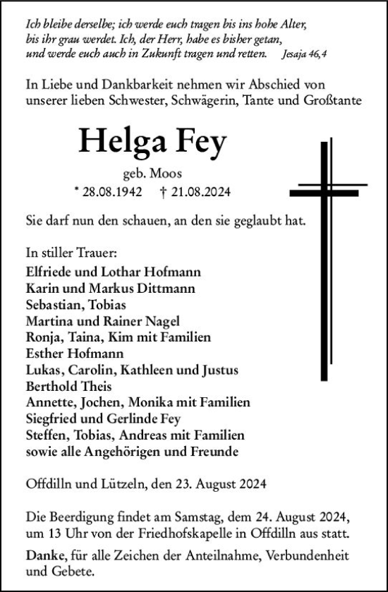 Traueranzeige von Helga Fey von Dill Block