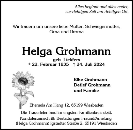 Traueranzeige von Helga Grohrnann von Wiesbadener Kurier