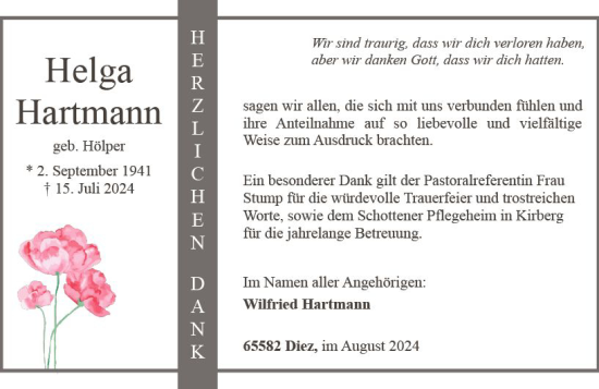 Traueranzeige von Helga Hartmann von Nassauische Neue Presse