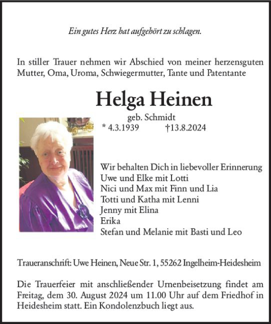 Traueranzeige von Helga Heinen von Allgemeine Zeitung Rheinhessen-Nahe