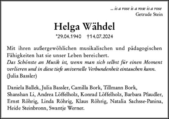 Traueranzeige von Helga Wähdel von Allgemeine Zeitung Mainz